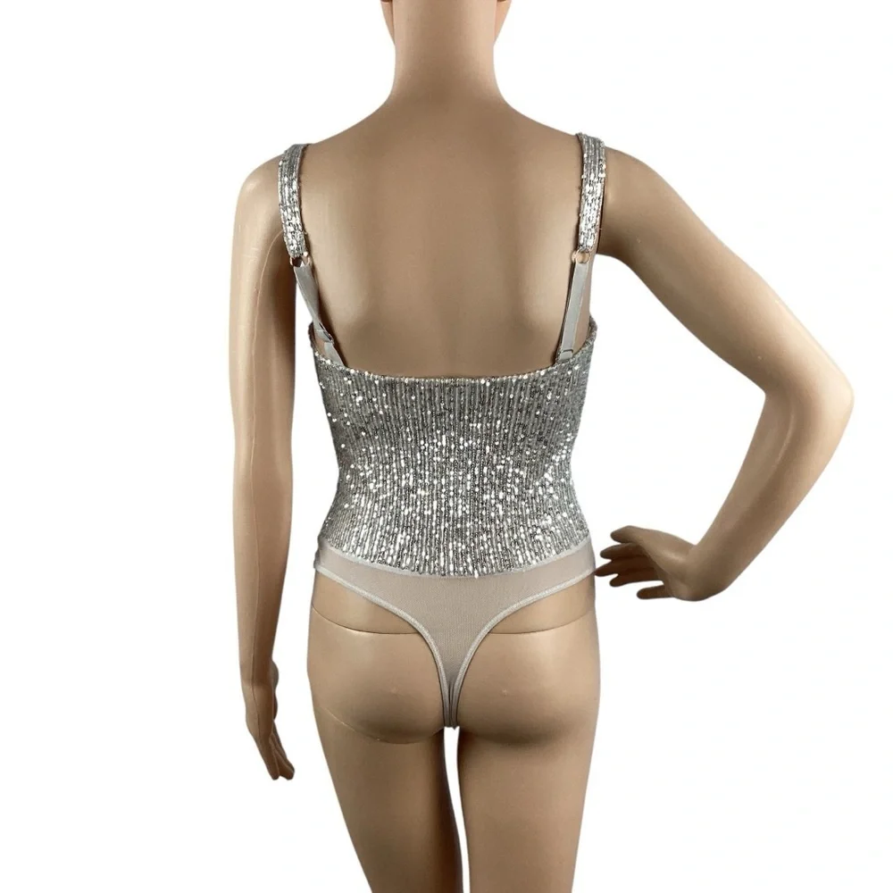 Free People Sparks Fly Thong Sequin Bodysuit Size XS Silver Combo
